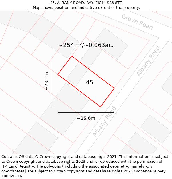 45, ALBANY ROAD, RAYLEIGH, SS6 8TE: Plot and title map