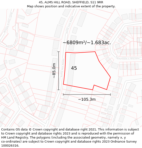 45, ALMS HILL ROAD, SHEFFIELD, S11 9RR: Plot and title map