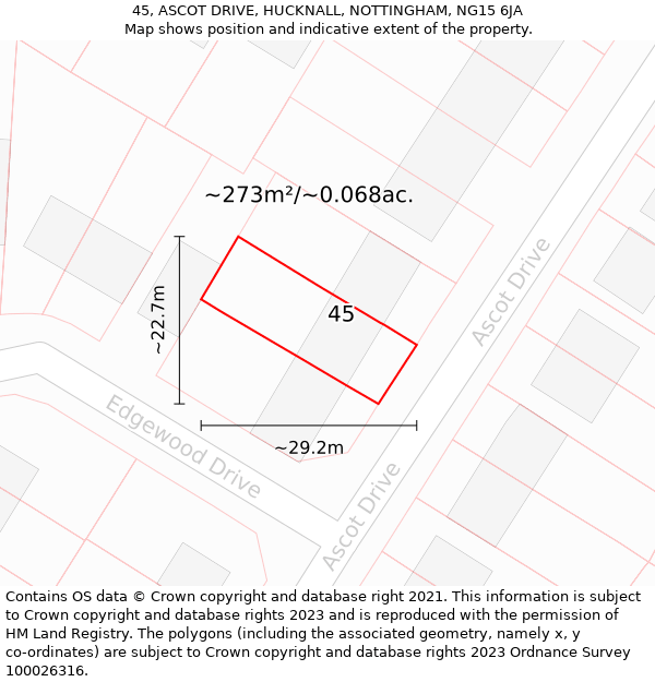 45, ASCOT DRIVE, HUCKNALL, NOTTINGHAM, NG15 6JA: Plot and title map