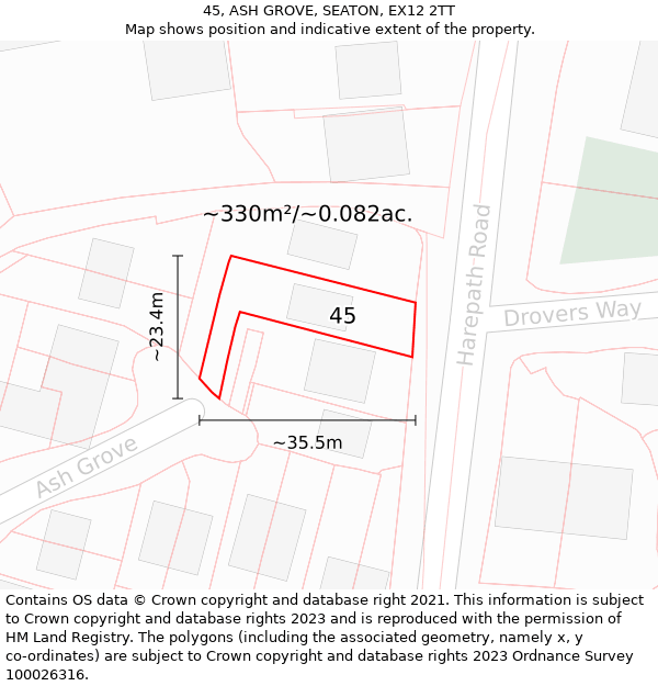 45, ASH GROVE, SEATON, EX12 2TT: Plot and title map