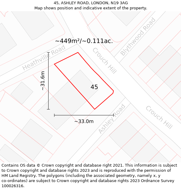 45, ASHLEY ROAD, LONDON, N19 3AG: Plot and title map