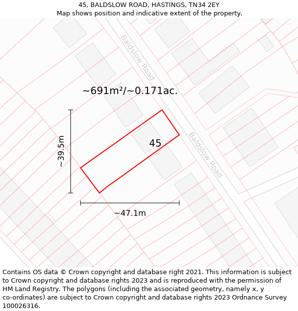 45, BALDSLOW ROAD, HASTINGS, TN34 2EY: Plot and title map