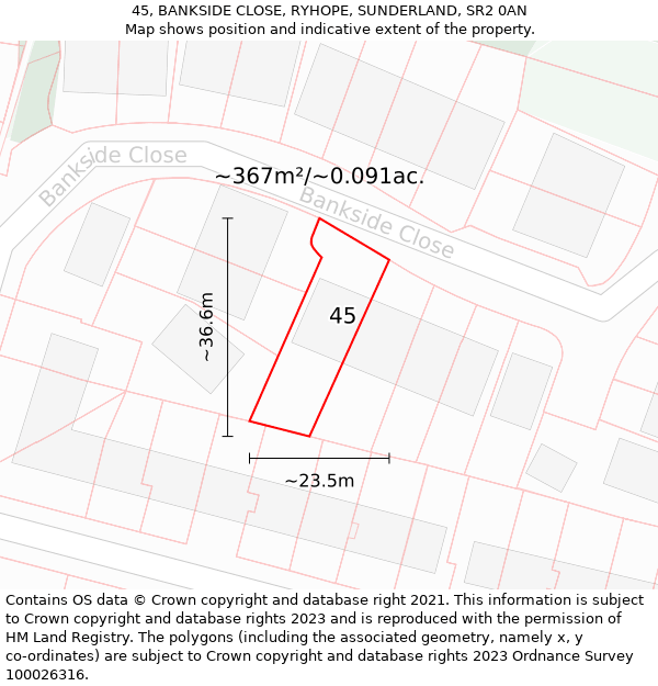 45, BANKSIDE CLOSE, RYHOPE, SUNDERLAND, SR2 0AN: Plot and title map