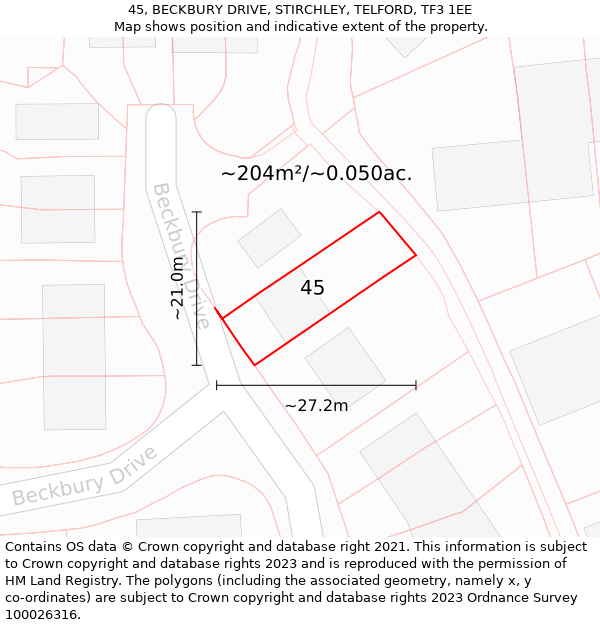 45, BECKBURY DRIVE, STIRCHLEY, TELFORD, TF3 1EE: Plot and title map