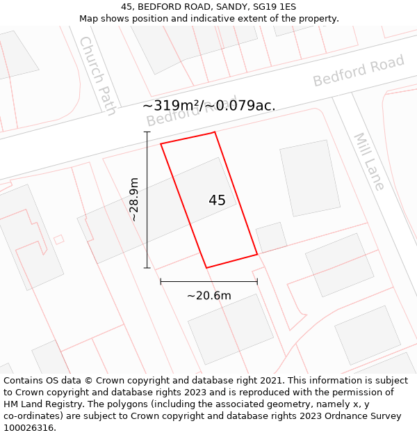 45, BEDFORD ROAD, SANDY, SG19 1ES: Plot and title map