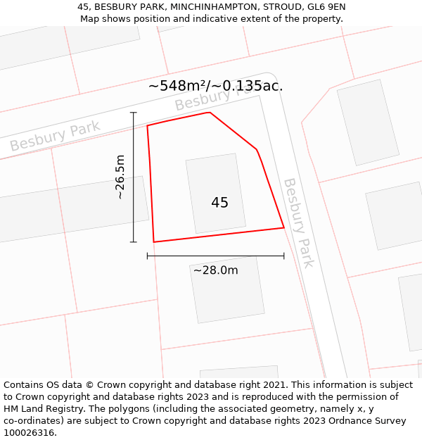 45, BESBURY PARK, MINCHINHAMPTON, STROUD, GL6 9EN: Plot and title map