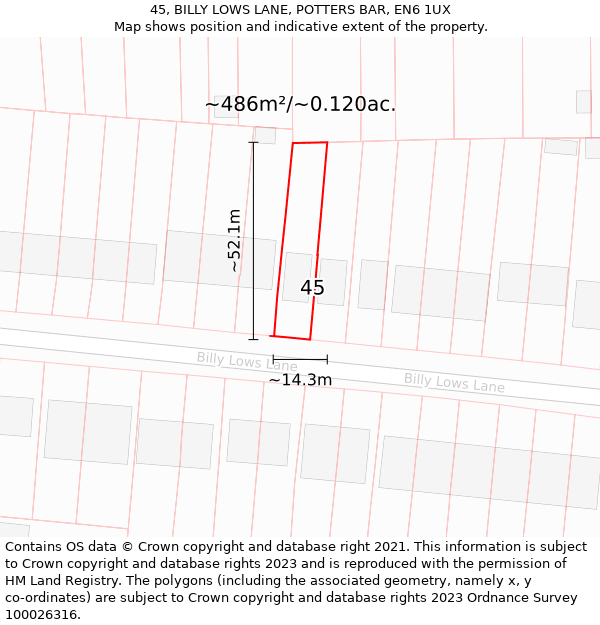 45, BILLY LOWS LANE, POTTERS BAR, EN6 1UX: Plot and title map