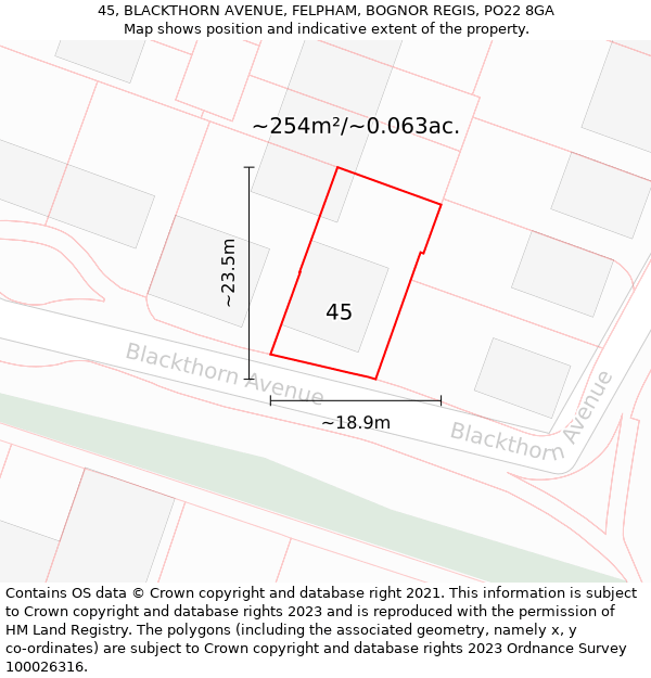 45, BLACKTHORN AVENUE, FELPHAM, BOGNOR REGIS, PO22 8GA: Plot and title map