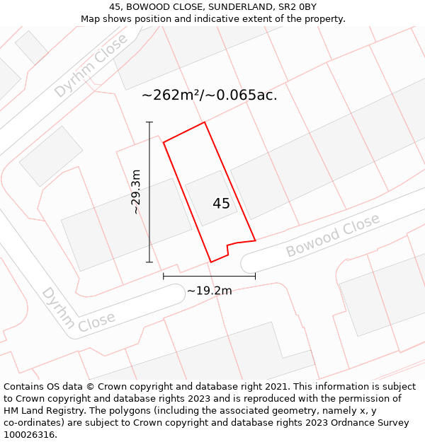 45, BOWOOD CLOSE, SUNDERLAND, SR2 0BY: Plot and title map