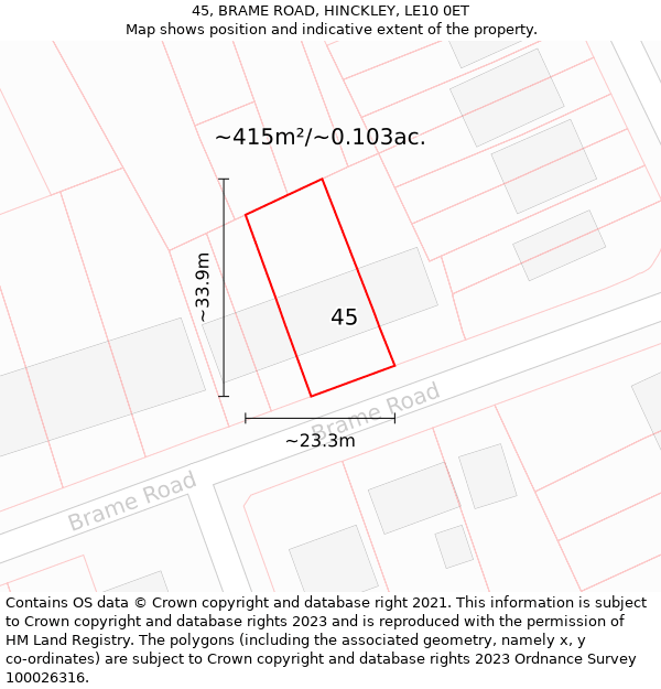 45, BRAME ROAD, HINCKLEY, LE10 0ET: Plot and title map