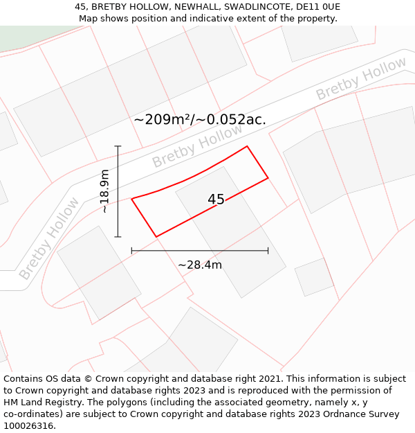 45, BRETBY HOLLOW, NEWHALL, SWADLINCOTE, DE11 0UE: Plot and title map