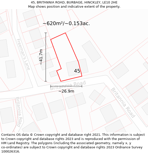 45, BRITANNIA ROAD, BURBAGE, HINCKLEY, LE10 2HE: Plot and title map