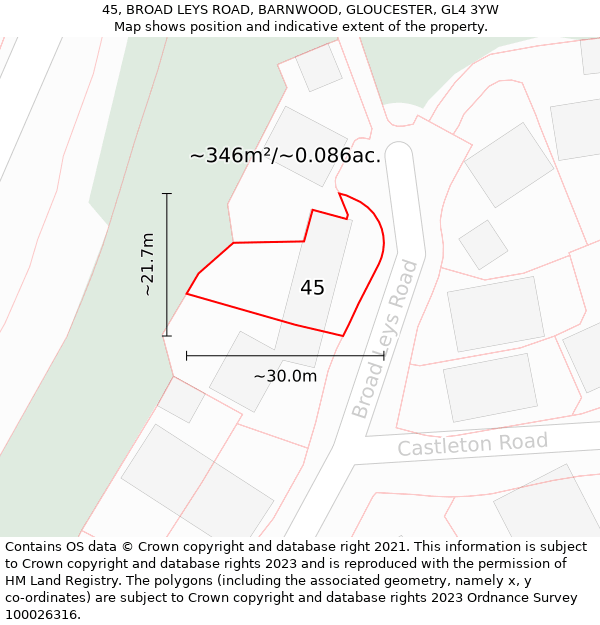 45, BROAD LEYS ROAD, BARNWOOD, GLOUCESTER, GL4 3YW: Plot and title map