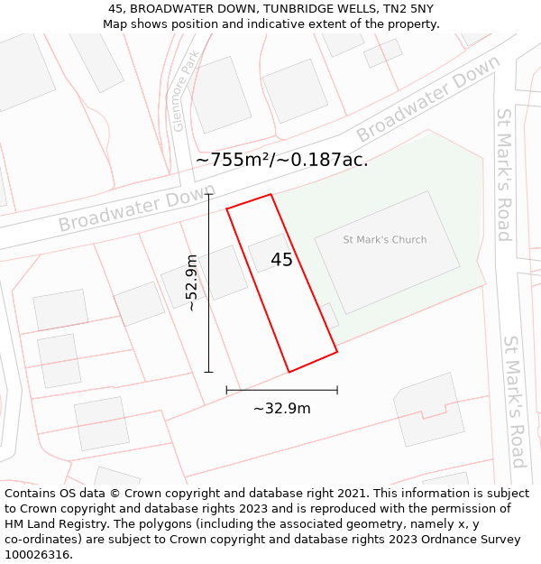 45, BROADWATER DOWN, TUNBRIDGE WELLS, TN2 5NY: Plot and title map