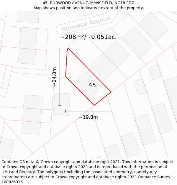 45, BURWOOD AVENUE, MANSFIELD, NG18 3DZ: Plot and title map