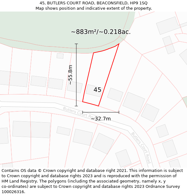 45, BUTLERS COURT ROAD, BEACONSFIELD, HP9 1SQ: Plot and title map