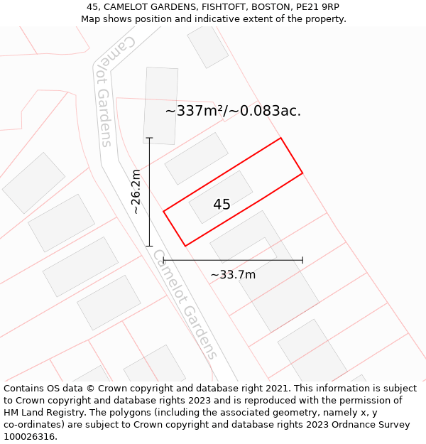 45, CAMELOT GARDENS, FISHTOFT, BOSTON, PE21 9RP: Plot and title map