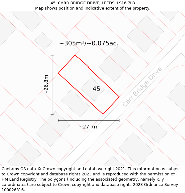 45, CARR BRIDGE DRIVE, LEEDS, LS16 7LB: Plot and title map