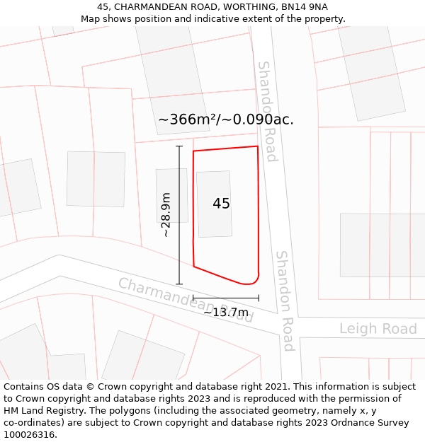 45, CHARMANDEAN ROAD, WORTHING, BN14 9NA: Plot and title map