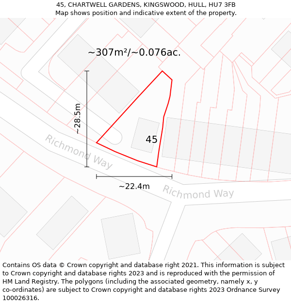 45, CHARTWELL GARDENS, KINGSWOOD, HULL, HU7 3FB: Plot and title map