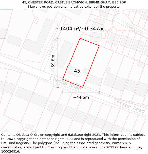 45, CHESTER ROAD, CASTLE BROMWICH, BIRMINGHAM, B36 9DP: Plot and title map