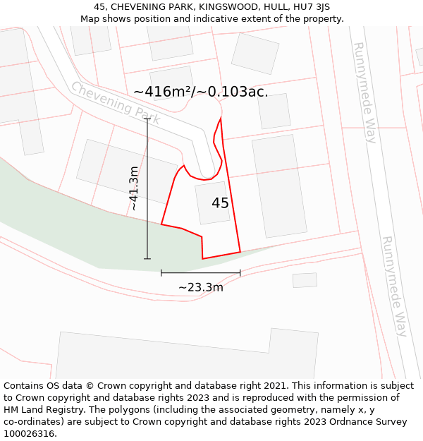 45, CHEVENING PARK, KINGSWOOD, HULL, HU7 3JS: Plot and title map