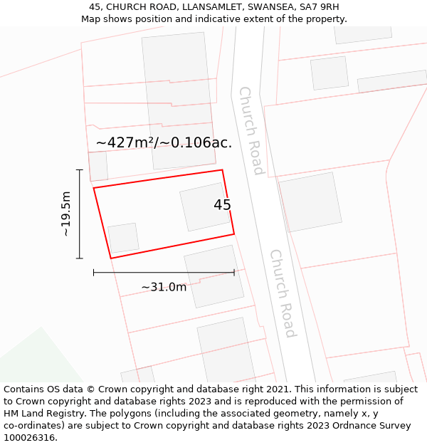 45, CHURCH ROAD, LLANSAMLET, SWANSEA, SA7 9RH: Plot and title map