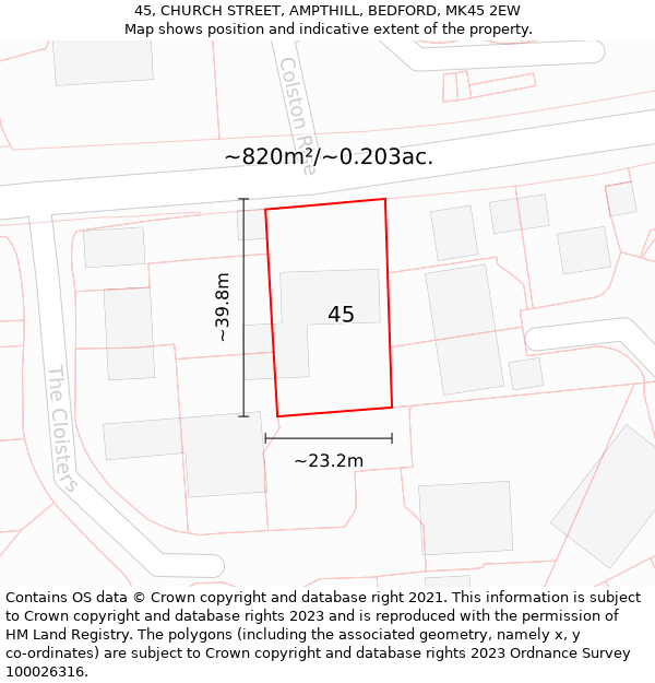 45, CHURCH STREET, AMPTHILL, BEDFORD, MK45 2EW: Plot and title map