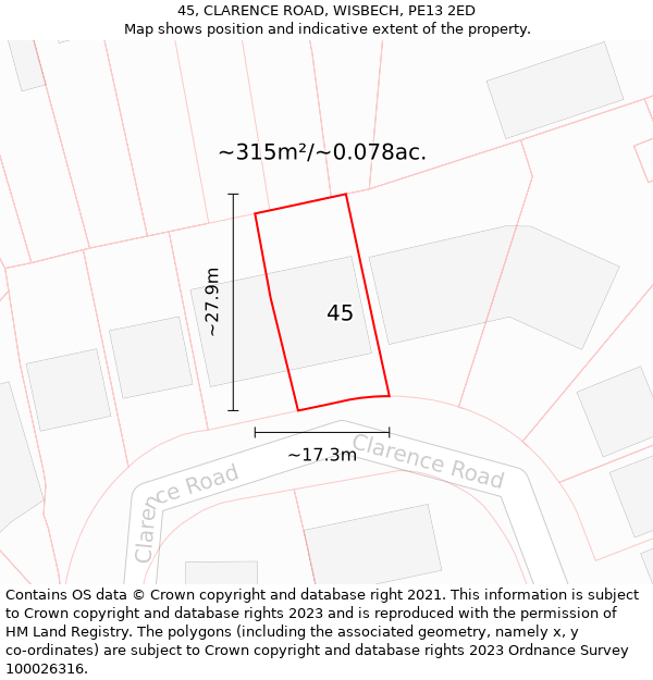 45, CLARENCE ROAD, WISBECH, PE13 2ED: Plot and title map