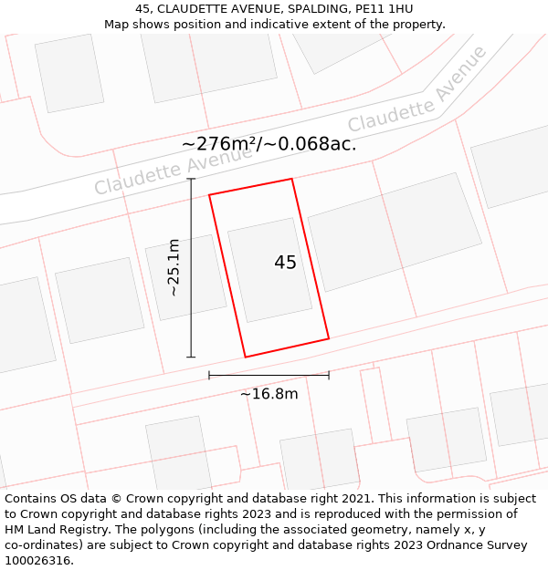 45, CLAUDETTE AVENUE, SPALDING, PE11 1HU: Plot and title map