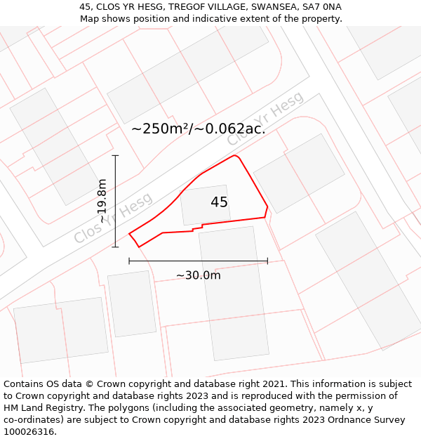 45, CLOS YR HESG, TREGOF VILLAGE, SWANSEA, SA7 0NA: Plot and title map