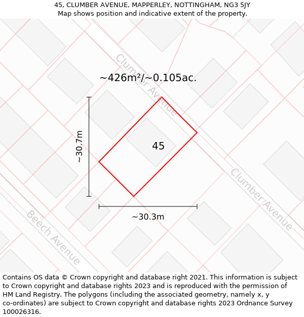 45, CLUMBER AVENUE, MAPPERLEY, NOTTINGHAM, NG3 5JY: Plot and title map