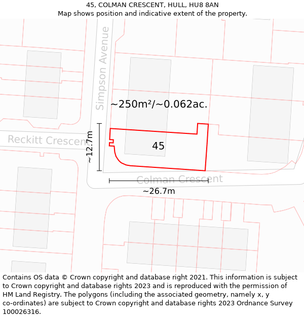 45, COLMAN CRESCENT, HULL, HU8 8AN: Plot and title map