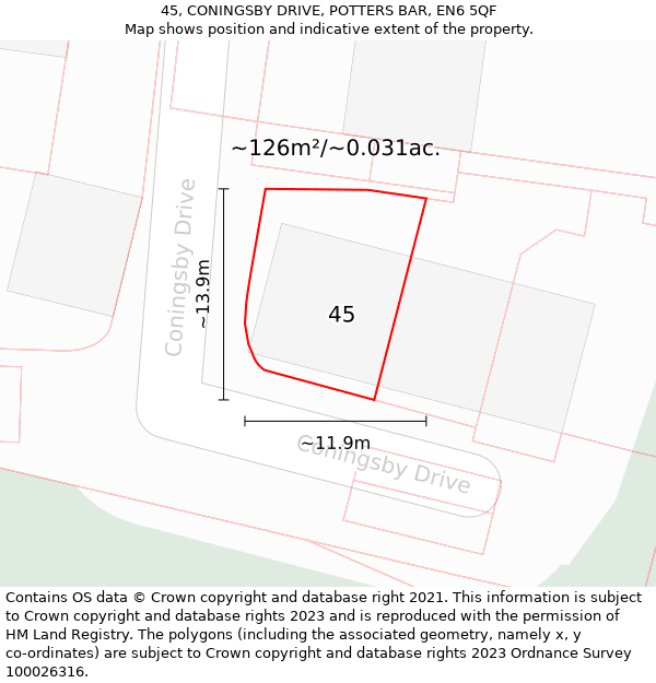 45, CONINGSBY DRIVE, POTTERS BAR, EN6 5QF: Plot and title map