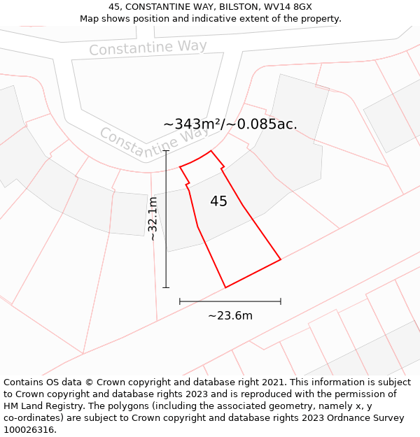 45, CONSTANTINE WAY, BILSTON, WV14 8GX: Plot and title map