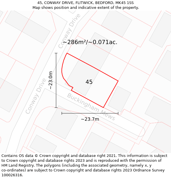 45, CONWAY DRIVE, FLITWICK, BEDFORD, MK45 1SS: Plot and title map