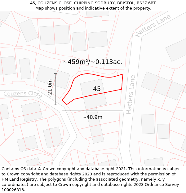 45, COUZENS CLOSE, CHIPPING SODBURY, BRISTOL, BS37 6BT: Plot and title map