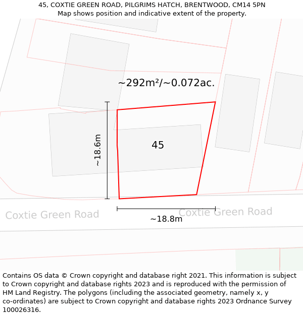 45, COXTIE GREEN ROAD, PILGRIMS HATCH, BRENTWOOD, CM14 5PN: Plot and title map
