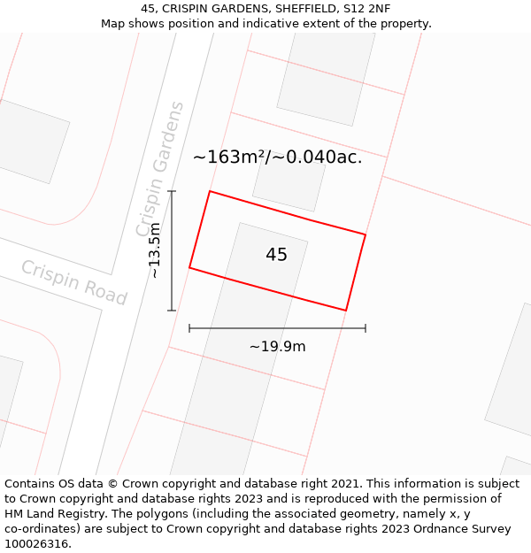 45, CRISPIN GARDENS, SHEFFIELD, S12 2NF: Plot and title map