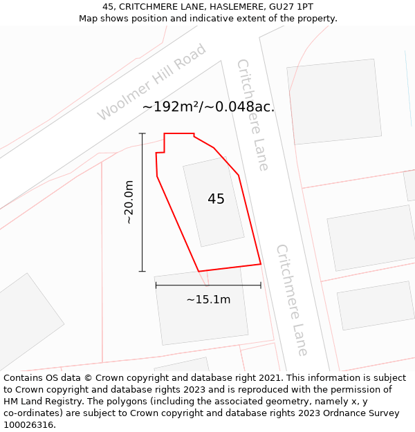 45, CRITCHMERE LANE, HASLEMERE, GU27 1PT: Plot and title map