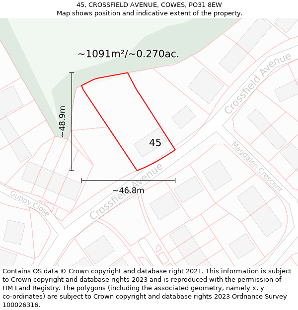 45, CROSSFIELD AVENUE, COWES, PO31 8EW: Plot and title map