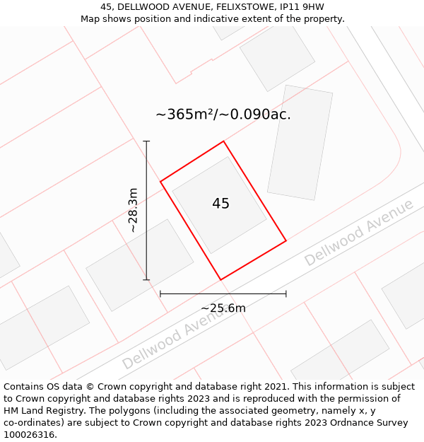 45, DELLWOOD AVENUE, FELIXSTOWE, IP11 9HW: Plot and title map