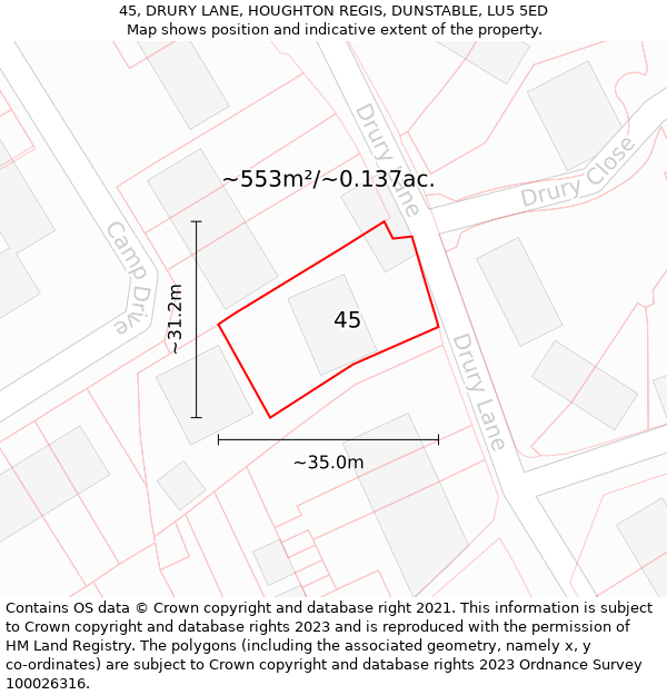 45, DRURY LANE, HOUGHTON REGIS, DUNSTABLE, LU5 5ED: Plot and title map