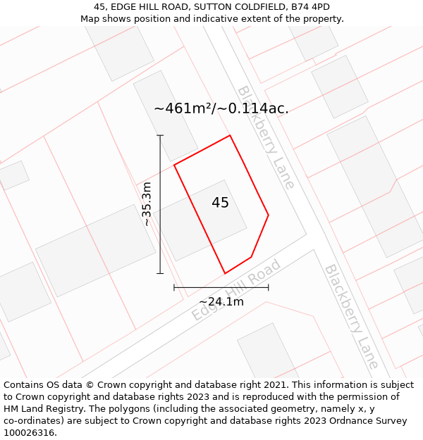 45, EDGE HILL ROAD, SUTTON COLDFIELD, B74 4PD: Plot and title map