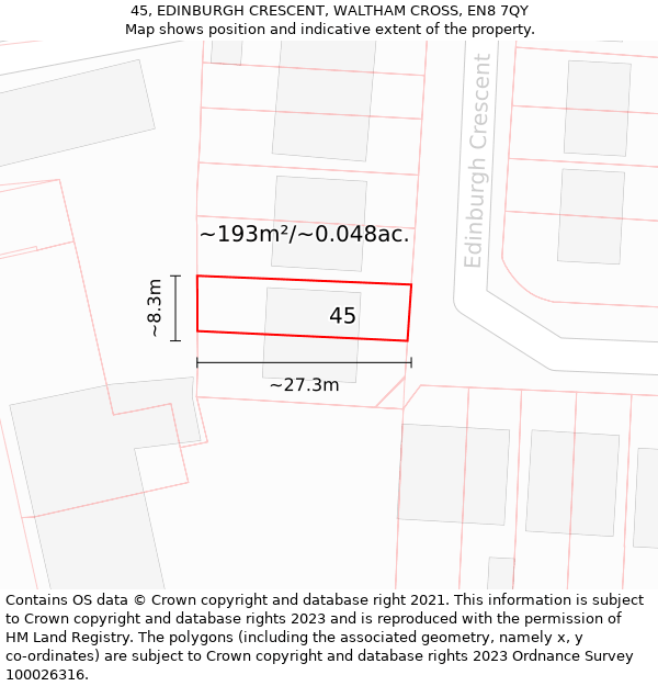 45, EDINBURGH CRESCENT, WALTHAM CROSS, EN8 7QY: Plot and title map