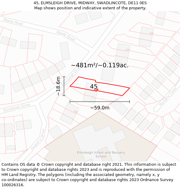 45, ELMSLEIGH DRIVE, MIDWAY, SWADLINCOTE, DE11 0ES: Plot and title map