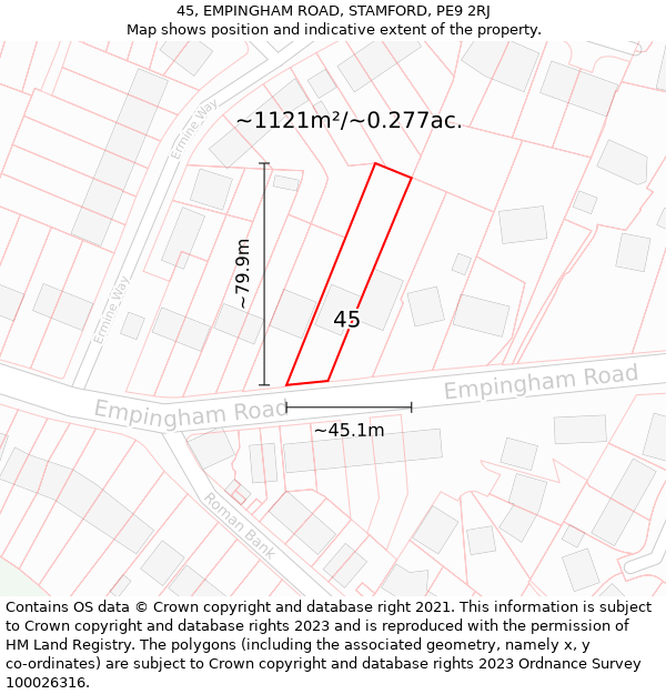 45, EMPINGHAM ROAD, STAMFORD, PE9 2RJ: Plot and title map