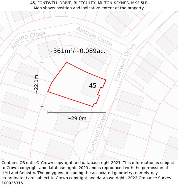 45, FONTWELL DRIVE, BLETCHLEY, MILTON KEYNES, MK3 5LR: Plot and title map