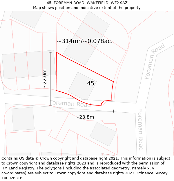 45, FOREMAN ROAD, WAKEFIELD, WF2 9AZ: Plot and title map