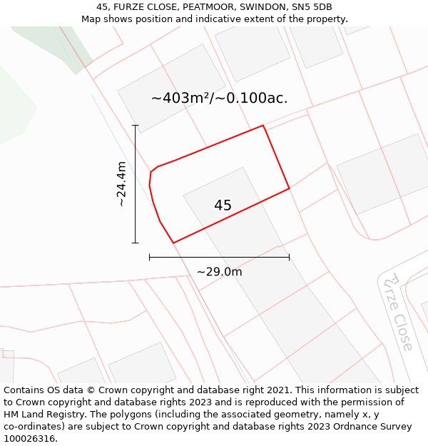 45, FURZE CLOSE, PEATMOOR, SWINDON, SN5 5DB: Plot and title map